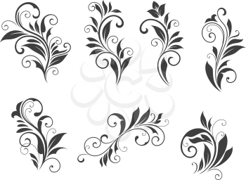 Seven floral elements isolated on white background for retro design