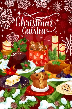 Christmas turkey festive dinner greeting card with winter holidays cuisine dishes. Xmas pudding, fruit cake and chicken, gingerbread man and nut dessert banner with holly berry, snowflake and candle