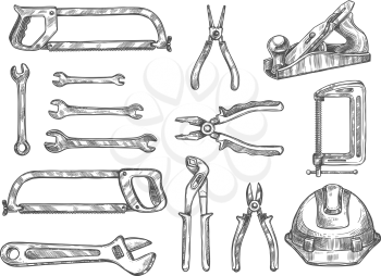Construction and repair tool sketch set. Vector spanner, pliers, wrench, hacksaw, wire cutters, tape measure, clamp, hard hat, jack plane isolated instrument for carpentry and DIY themes design