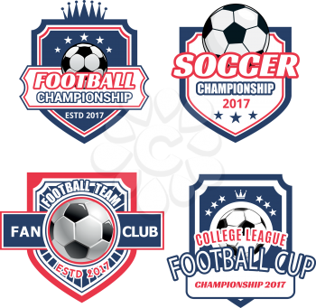 Soccer club icons or football championship cup label of soccer or football ball goal, victory wreath and crown on shield with star and ribbon for sport fan team league. Vector isolated templates set