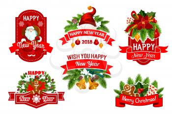 Merry Christmas and Happy New Year 2018 winter holidays greeting wish icons. Vector set of Christmas tree garland decorations of holly wreath and golden bells, Santa gifts and cookies in snowflakes