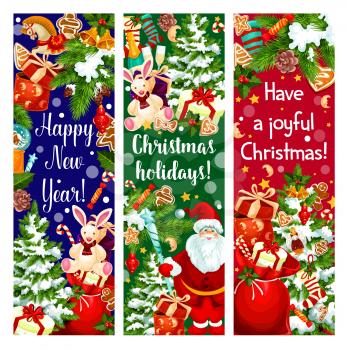Christmas tree, gift and Santa banner set of New Year holidays. Xmas present, holly berry branch and bell with ribbon and bow, candy, ball and cookie, sock, star and snowflake for greeting card design