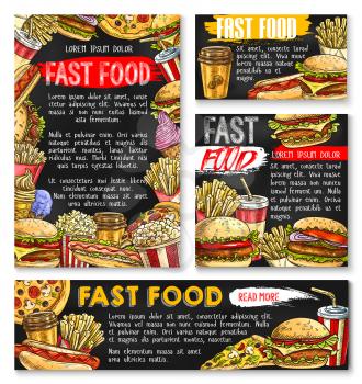 Fast food restaurant sketch posters and banners templates of burgers and sandwiches for fastfood cafe. Vector pizza, hot dog or popcorn and fries snack, cheeseburger or hamburger and taco or burrito
