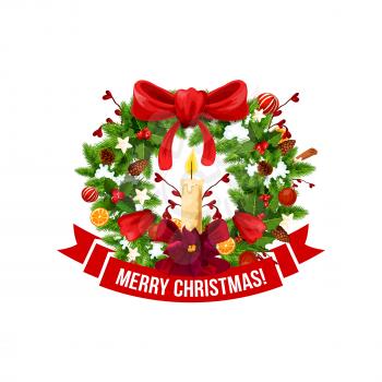 Merry Christmas greeting wish lettering on red ribbon wreath icon for winter holiday design template. Vector symbol of Christmas tree holly decoration ornament of golden bell and New Year candle