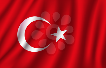 Turkey flag 3D of white crescent moon and star on red color background. Turkish republic European country official national flag waving with curved fabric or waves vector texture