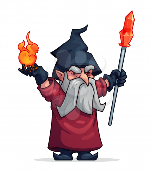Wizard witch or evil wicked magician cartoon character. Vicious grumpy or angry old man dwarf or bad gnome in hat with magic fire and crystal crook wand. Vector isolated flat icon for computer game