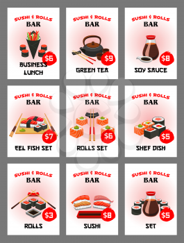 Sushi bar menu card for japanese cuisine restaurant. Fish and seafood roll, nigiri sushi with rice, shrimp, tuna and caviar, temaki with prawn in seaweed, served with chopsticks for price tag design