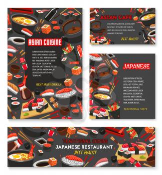 Japanese restaurant menu banner of asian cuisine template. Seafood sushi with rice, salmon fish and seaweed, tuna sashimi with chopsticks and sauce, soup ramen and green tea poster for food design