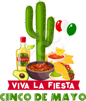 Cinco de Mayo fiesta party icon with mexican holiday food and drink. Chili pepper, guacamole and jalapeno, tequila margarita, lime and cactus, corn taco, nachos and balloons in color of Mexico flag