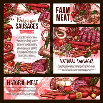 Fresh meat and sausages sketch poster and banner for butcher shop or gourmet farm product market. Vector pork bacon or tenderloin and beef steak, pepperoni or salami sausage, filet or lamb brisket