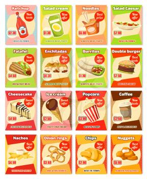 Fast food meals or street food snacks menu price cards. Vector menu poster for fastfood restaurant of bistro cafe of combo sandwich, fries or hamburger and cheeseburger, falafel and enchilada salad