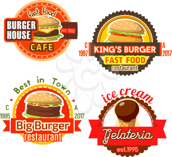 Fats food burgers and ice cream icons templates for fastfood burger house restaurant or gelateria cafe. Vector set of cheeseburger or hamburger sandwich snack and gelato dessert