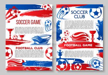 Soccer cup championship posters design template for international football cup tournament. Vector soccer league team flags and cup award, victory laurel or stars on arena stadium