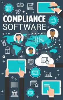 Compliance management software banner for regulatory compliance themes design. Regulation and control of conforming to standard, rule and law concept poster with computer, world map and user avatar