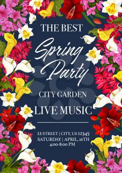 Spring time music festival invitation poster or card for city garden seasonal holiday event. Vector design of floral bunches and frame wreath of spring daffodil, lilac or hibiscus blooming flowers