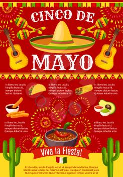 Cinco de Mayo Mexican greeting card poster for Mexico holiday celebration. Vector design of Mexican traditional food burrito or taco and avocado, cactus and tequila with sombrero for party fiesta