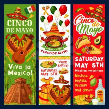 Cinco de Mayo Mexican party invitation banners or holiday fiesta flyers for traditional Mexican celebration. Vector Mexico flag, jalapeno pepper or avocado and sombrero on cactus for Cinco de Mayo