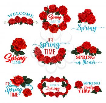 Hello Spring floral frame icon set with red rose flower. Floral wreath of Springtime blossom with red flower, green leaf and branch isolated badge for Spring Season holiday design