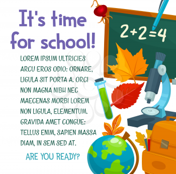 Back to School poster design for September autumn season. Vector school bag, books or paint brush and maple leaf, chemistry notebook or biology microscope and geography globe map in chalkboard