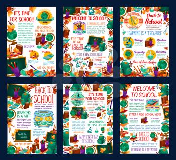 Back to School autumn education season posters of school books and sciences. Vector mathematics ruler, school bag or geography globe and chemistry microscope, literature book and drawing paint brush