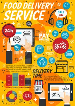 Food delivery service vector poster. Internet app to order ready meals, outline elements and modern gadgets. Online payment, order donut and hamburger with drink through tablet or smartphone