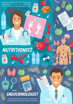 Medicine poster with nutritionist and endocrinologist. Doctors in robes, scales and dumbbells, endocrinology organs and pills, device for blood test and arterial pressure. Junk and healthy food vector