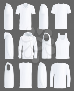 White T-shirt, shirt or tank top and sport hoodie mockup models. Isolated blank 3d realistic casual clothing or sleeveless man sportswear apparel, promo design