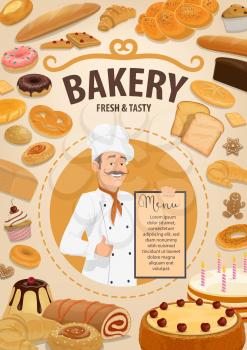 Baker with menu, bakery shop and pastry food. Vector bread and baguette, cake and roll with jam, toast and donut, pretzel and bun. Croissant and waffles, gingerbread cookie and cupcake