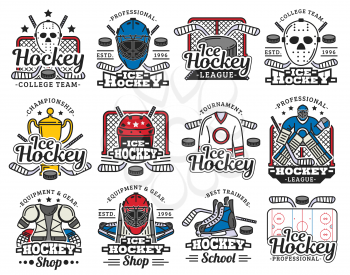 Sport game ice hockey vector icons with sporting items, ice rink. Mask and helmet, puck and sticks, trophy cup and uniform, gate and goalkeeper, skates. Team tournament, sport league symbols
