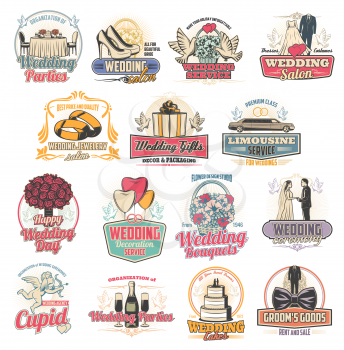 Marriage ceremony or wedding arrangement services icons. Party and salon, jewelry and gifts, limousine ordering and decoration, cake and bouquet. Groom and bride outfit shop badge vector isolated