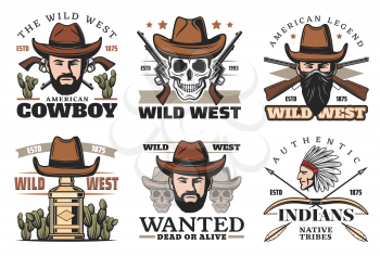 Wild West or Western icons with cowboy in hat and gun. Revolver or pistol and skull, man in bandana and whiskey bottle. Cactus and nativa American or Indian with bow and arrows vector isolated