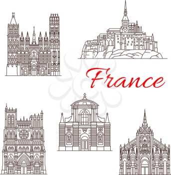 France famous travel landmark buildings and Marseilles architecture sightseeing line icons. Vector set Saint Sauveur church, Notre Dame du Puy cathedral or de la Garde basilica and If Chateau castle