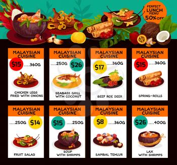 Malaysian cuisine restaurant menu price cards with lunch discount offer. Vector design for Malay traditional chicken legs with onion, seabass fish grill in coconut, beef and fruit salad or shrimp soup