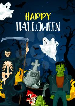 Happy Halloween greeting card for monster party celebration. Vector cartoon design of ghosts, death or vampire and zombie hand or monsters in forest on cemetery tombstone
