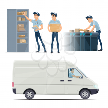 Post mail delivery and postman work flat icons. Vector isolated mailman sorting letters envelopes and parcels in postage office or mailboxes for delivering in courier shipping transport