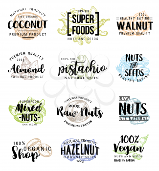 Nuts and beans names lettering for super food and snacks product package design. Vector set of coconut, peanuts, pistachios and walnuts, 100 percent natural nuts of cashew or almonds and filbert