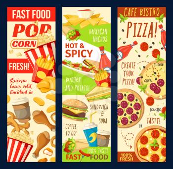 Fast food menu banners for restaurant design of burgers, sandwiches or pizza and Mexican burrito or taco. Vector street food hot dog snack, soda drink and popcorn or dessert for fastfood delivery