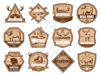 Hunting club or society badges of wild animals for hunt open season. Vector icons of hunter rifle gun, bear or elk and deer, aper hog or boar, duck and pheasant grouse and trap for buffalo ox