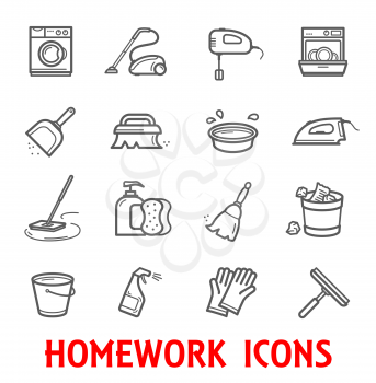 Household and homework thin line icons for home cleaning and washing. Vector set of mop, vacuum cleaner or iron and washing machine with kitchen dishwasher, mirror or window polisher and water bucket