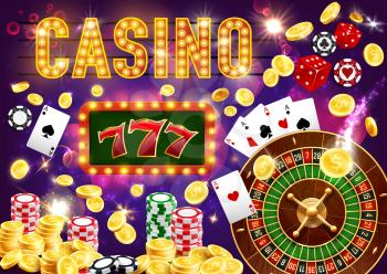 Casino dice and poker, king slots 777 vector. Coins and four aces, golden chips and roulette wheel. Gambing game championship or tournament, slot machine and playing cards, jackpot and dices