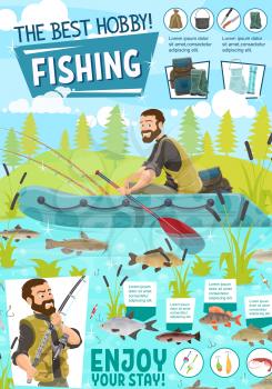 Fisherman, fishing boat and fish catch, tackle and sport equipments. Fishing rod, hook and lure, salmon, bass and trout, carp, perch and pike, bait, reel and net. Summer outdoor recreation vector