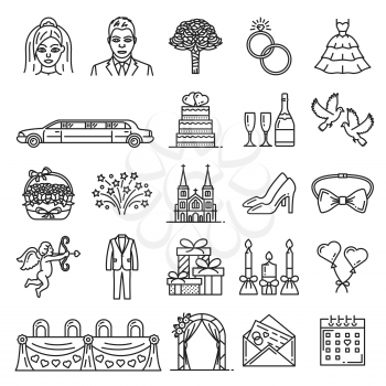 Wedding and marriage linear icons. Vector outline heart love, wedding or bride dress and bride, groom and limousine car, gifts with candles, dove and wine, church and golden ring, cupid with arrow