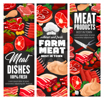 Butcher shop meat products banners. Vector farm butchery beef and pork grill lamb ribs or sausages and bacon or ham with salami and pepperoni with cooking spices