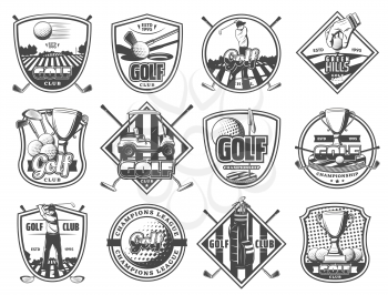 Golf club sport champioship icons. Vector herlaldic emblems and badges of golf equipment, ball and club or vicotry cup award and cart on tee course
