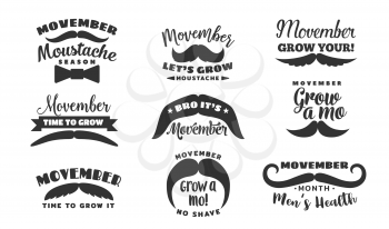 Movember mustache season monochrome icons with lettering. Vector male vintage symbolsprostate cancer awareness month