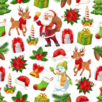 Christmas seamless pattern with Santa Claus, Xmas tree and gifts, snowman and reindeers. Winter holidays bells, toys and presents, socks, red hats, holly berries and poinsettia vector background