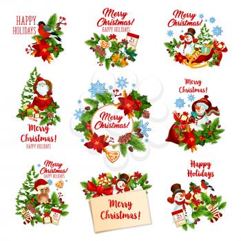 Christmas festive badges of winter holiday gifts. Santa Claus, snowman and Xmas tree garland icon, adorned by snowflake, bell and candy, present, ribbon bow and cookie, holly berry, sock and calendar