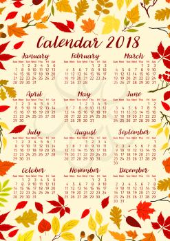 Autumn leaves calendar 2018 template or fall foliage. Vector design of maple, oak or birch and rowan tree leaf. Foliage bunch of poplar, beech or elm and aspen seasonal autumn leaves bunch