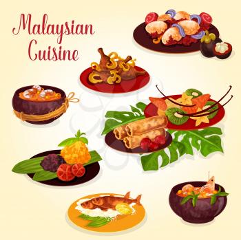 Malaysian cuisine icon with indonesian food. Grilled fish, beef rendang and chicken curry, served with rice, seafood noodle soup, spring roll, papaya shrimp soup and egg with spicy curry sauce