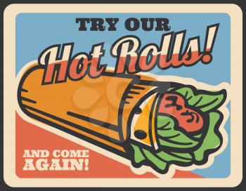 Doner kebab retro poster of turkish fast food meat roll. Grilled chicken and fresh vegetable wrapped in flatbread, sandwich or shawarma vintage banner for kebab shop or fastfood restaurant design